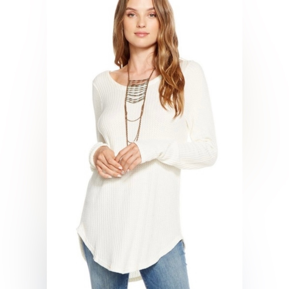Chaser Thermal Waffle Knit L/S V Neck Criss Cross Open Back Shirttail Tee